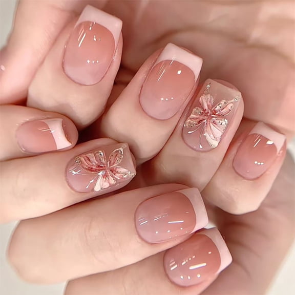 Simple French Wearable Nail Art Sweet and Gentle 3D Flower Wearing Nail Short Square Fake Nail Wholesale