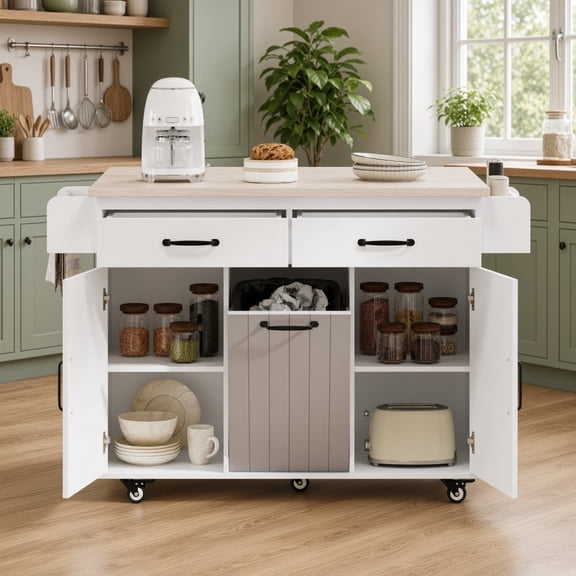 51" Rolling Kitchen Island with Tilt-Out Trash Cabinet, Drop Leaf and Storage, Ameican White Oak