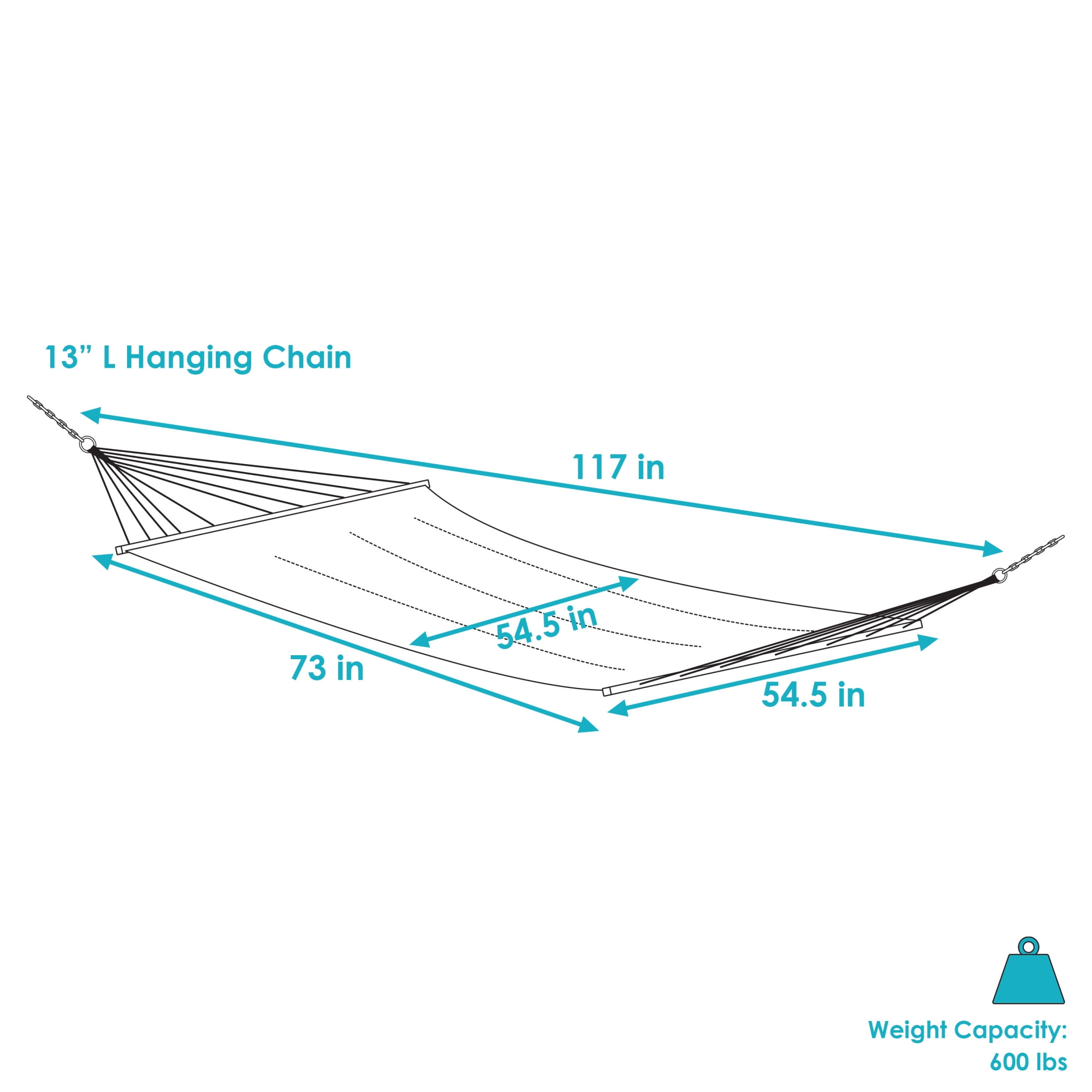 Sunnydaze 2-Person Quilted Polyester Spreader Bar Hammock, 600 lb Capacity - Lagoon Stripes