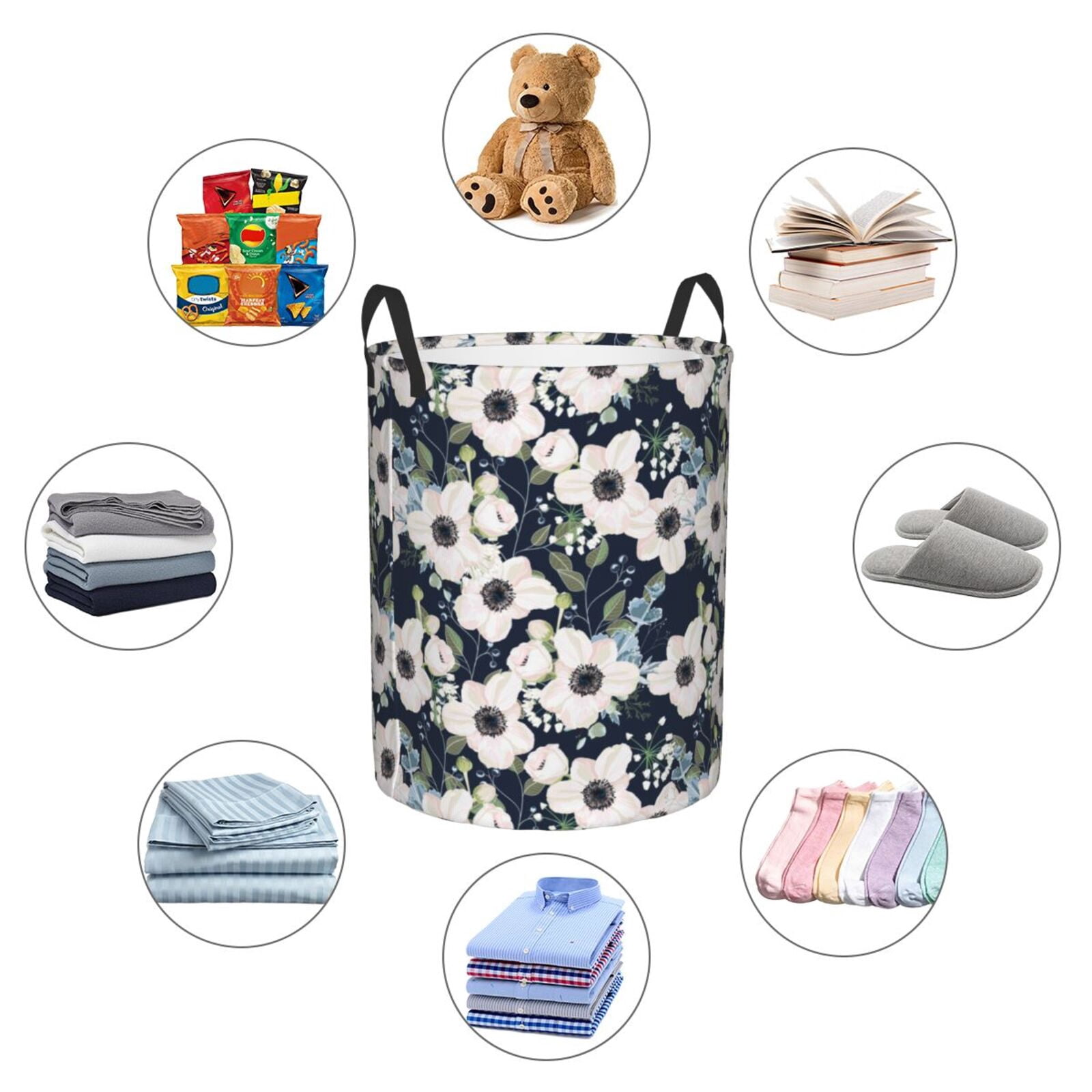 Large Laundry Basket with Handles - Floral Flowers Blue Kids Baby Dirty Clothes Laundry Hamper for Bedroom Aesthetic