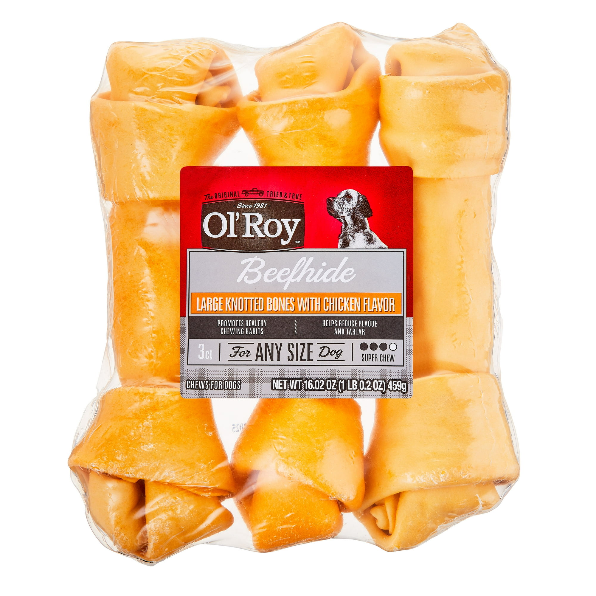 Ol' Roy Rawhide 9-inch Large Knotted Bones Artificial Chicken Flavored Chews for Dogs, Dry, 16.02 oz, 3 Count