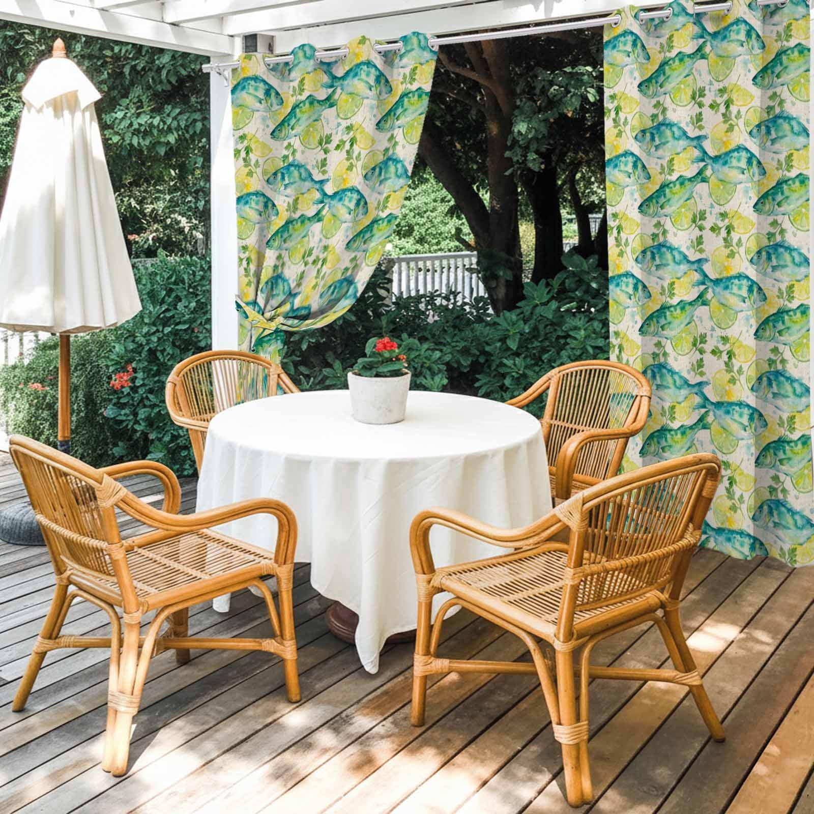 Summer Oceans Fish Outdoor Curtains for Patio, Country Sea Watercolor Yellow Lemon Leaf Linen Sunshade Privacy Drapes Grommet Waterproof Outside Curtains for Porch/Cabana/Balcony 54"x 108", 1 Panel