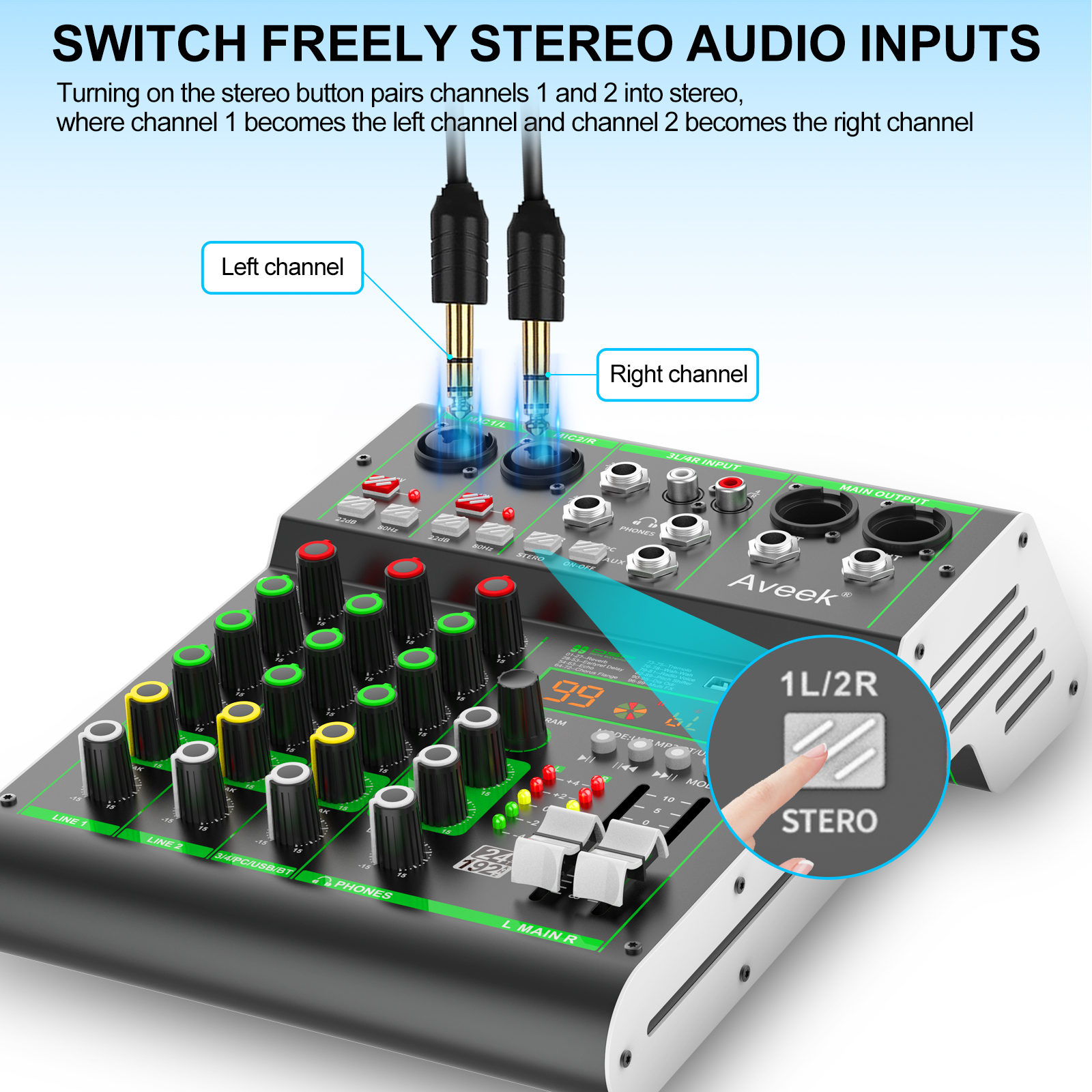 Aveek 4 Channel Audio Mixer, Professional Sound Board Mixing Console with Bluetooth USB, 48V Phantom Power & 99 DSP Effects for Karaoke Studio PC Recording Live Streaming