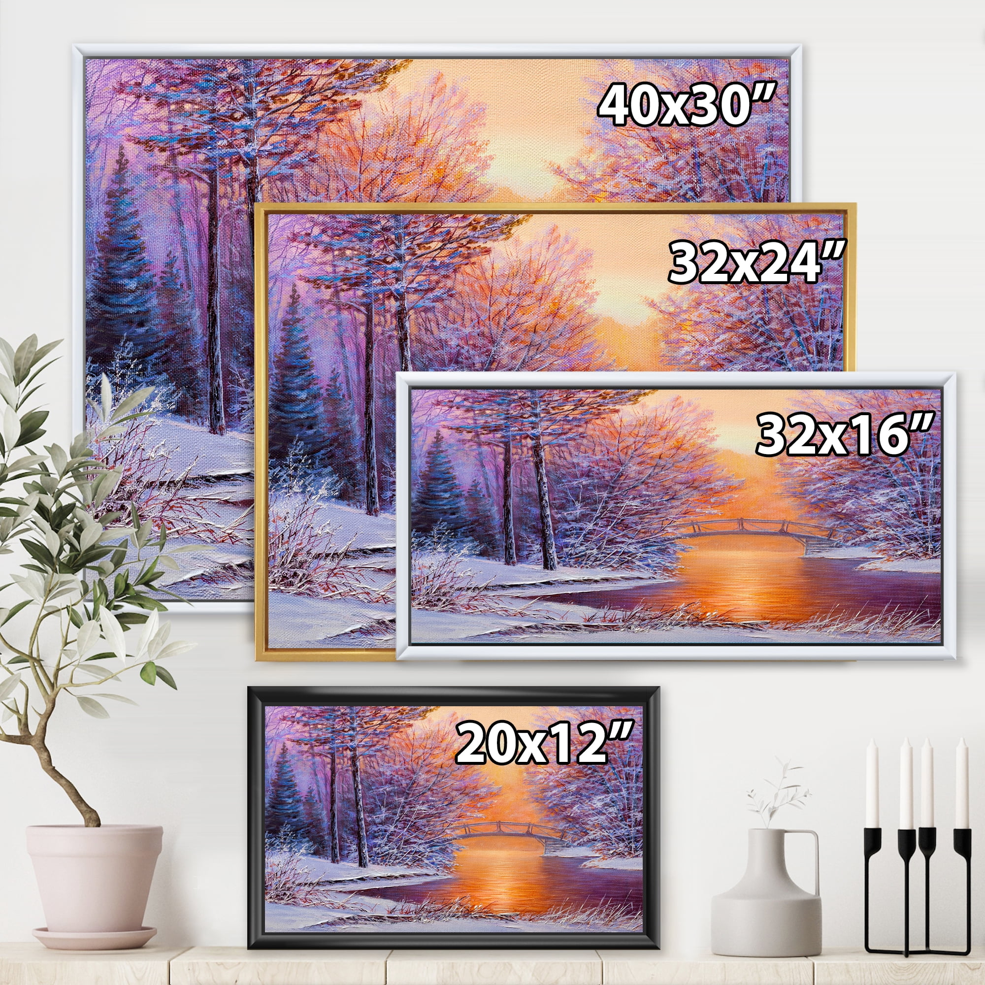 Designart 'Winter Landscape With Bridge Over The River' Traditional Framed Canvas Wall Art Print