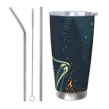

Ocsxa Moonlit Skeleton Campfire Pattern 20oz Travel Coffee Mug with Flip Lid Stainless Steel Insulated Insulated Coffee Mug Thermal Cup with Splash Proof Sliding Lid-Straw Three-piece Set