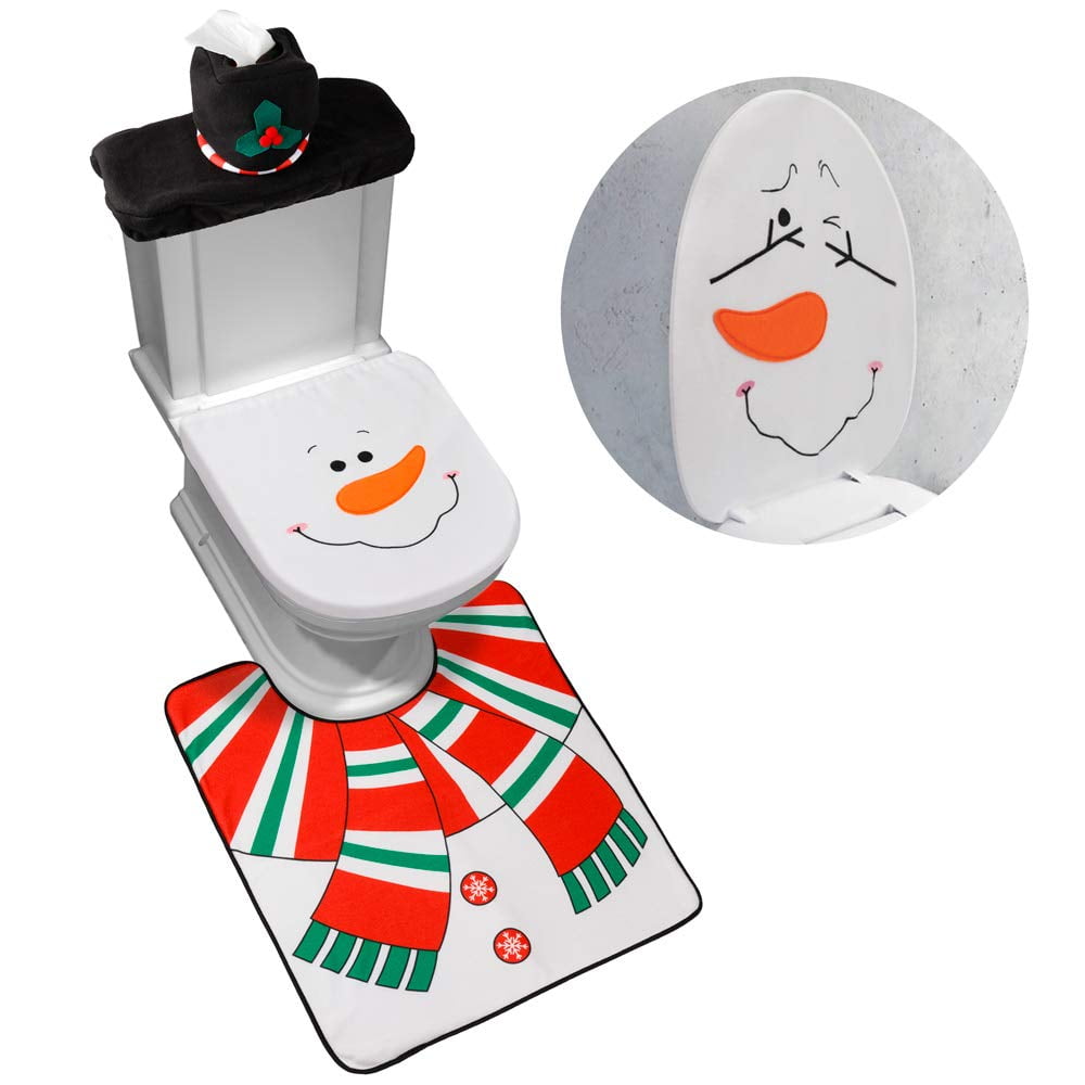 Christmas Toilet Seat Cover and Rug Set, LONGRV 3-Piece Snowman Santa Toilet Seat Cover and Rug Set Red Christmas Decorations Bathroom