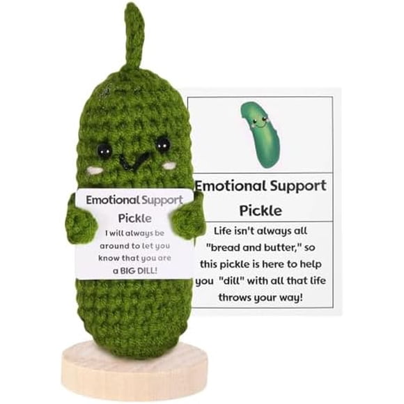 Handmade Emotional Support Pickled Cucumber Gift, Cute Crochet Pickled Cucumber Knitting Doll with Wooden Base, Funny Pickle Toy for Women, Boys, Girls,Gifts for Friends