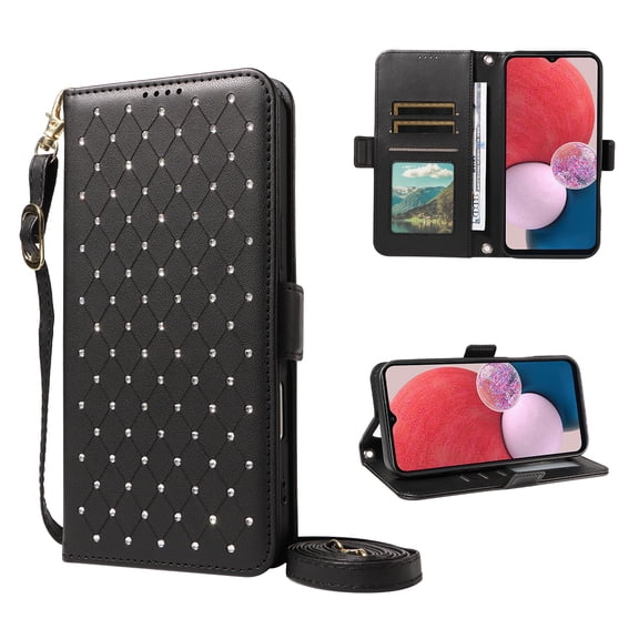 Decase for Samsung Galaxy A13 4G Flip Wallet Phone Case with Strap Glitter Card Holder,Black