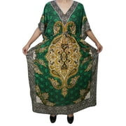 Mogul Womens Maxi Caftan Dress Floral Print Green Kimono Sleeve Nightwear House Dress XXXL