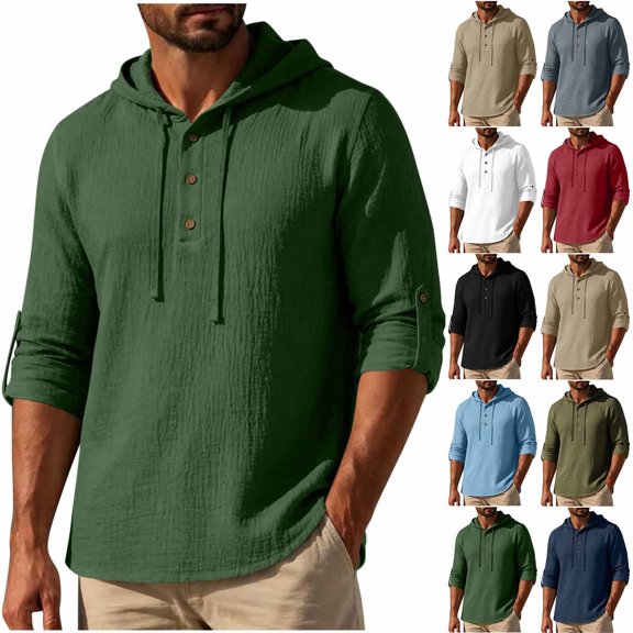 Hoodie Long Sleeve Shirts for Men Cotton Linen Solid Color Buttons Drawstring Casual Top Summer Vintage Fashion Comfort Loose Pullover Shirt