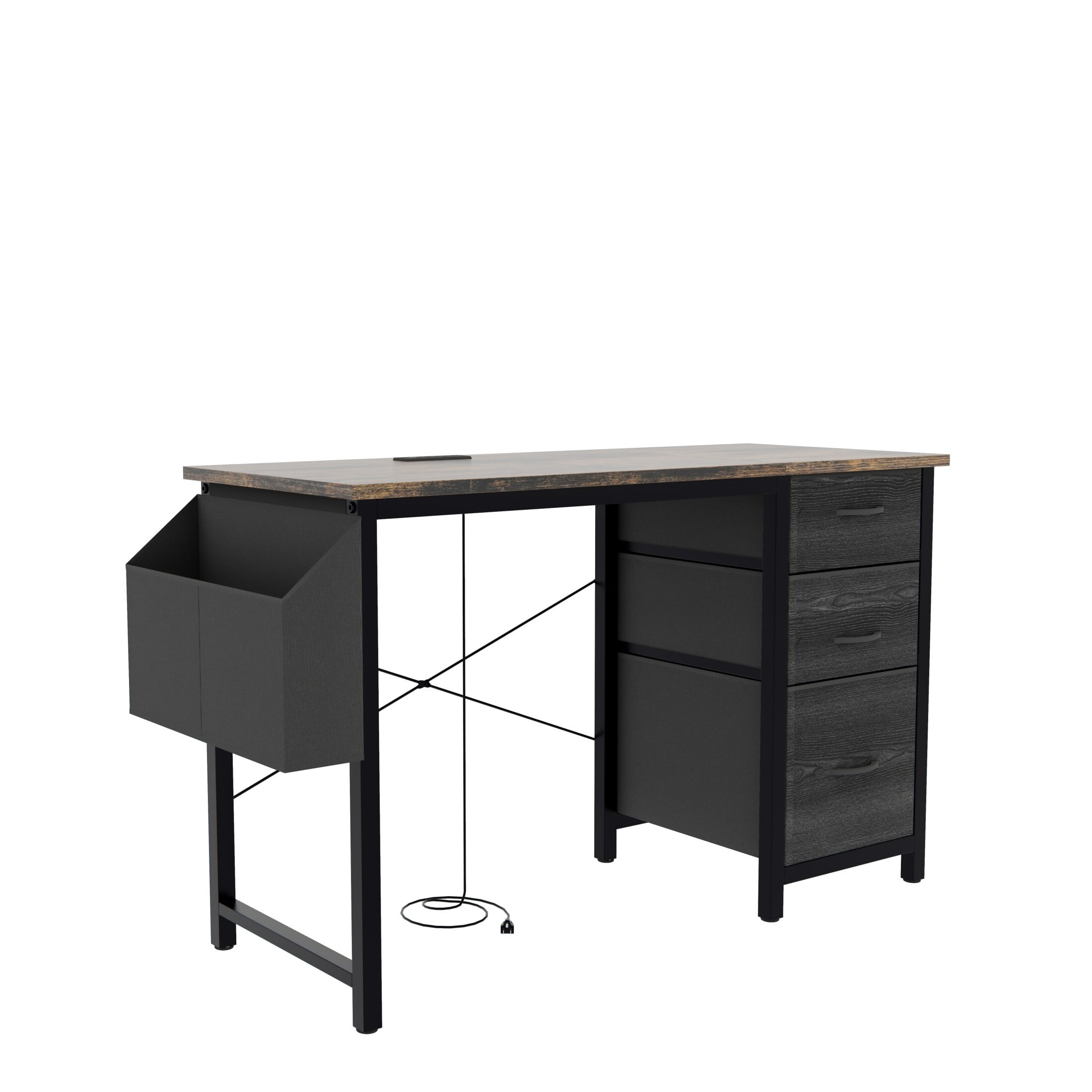 DEALTOPS Computer Desk with Power Outlets, Office desk with Reversible Fabric Drawers and Side Pocket, Rustic Brown