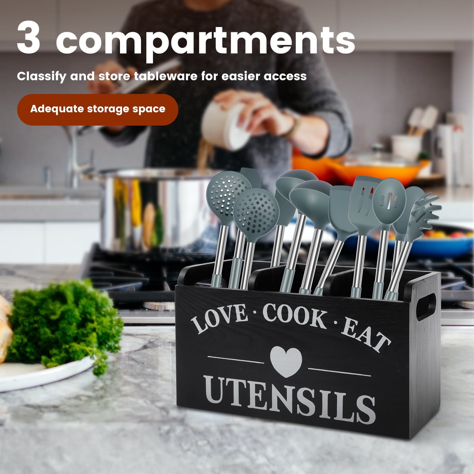 Wooden Utensil Holder for Kitchen Counter, Cooking Utensil Organizer with 3 Compartments, Adjustable Dividers Utensil Crock for Silverware Spoon Spatula