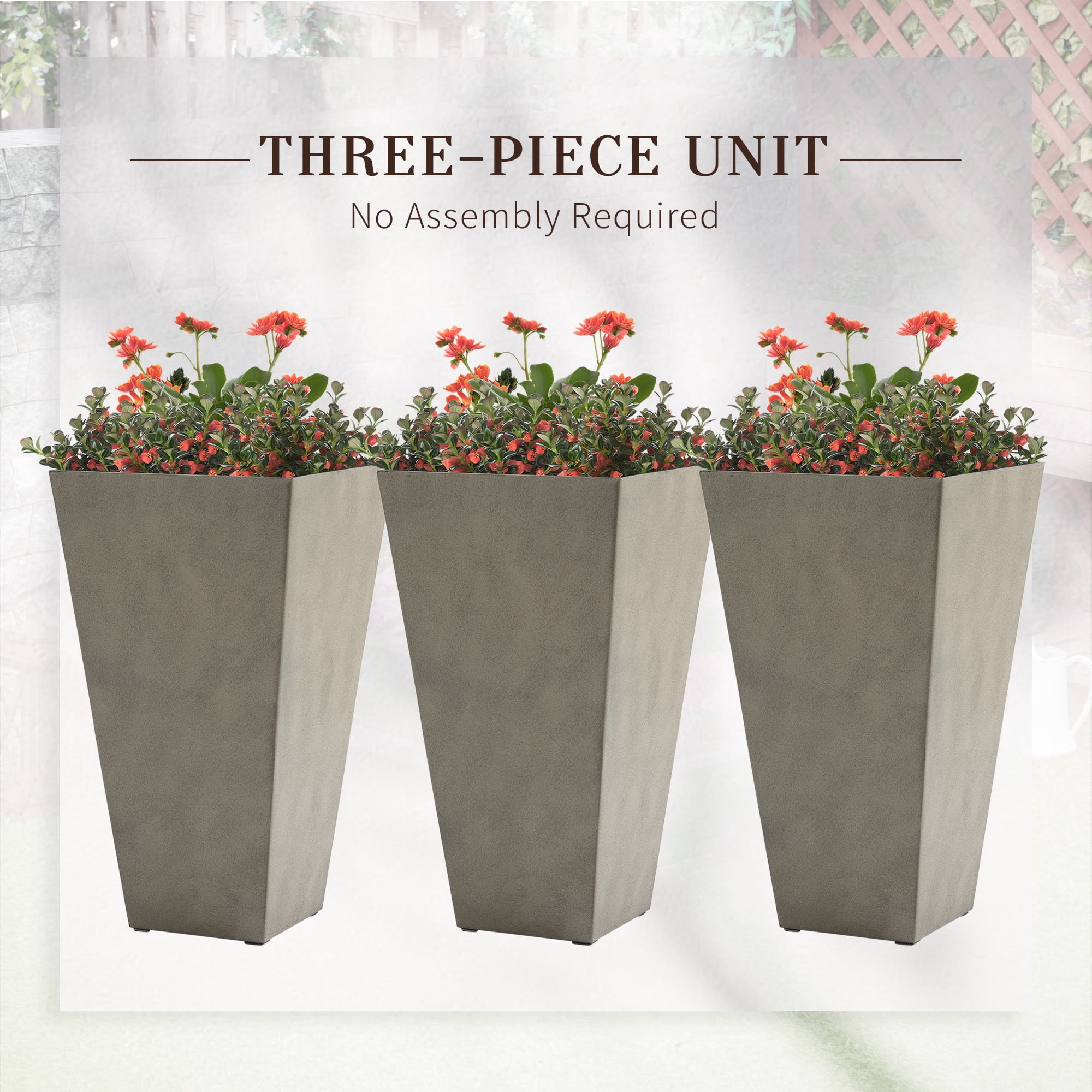 Outsunny Set of 3 Tall Planters with Drainage Hole, 28" Outdoor Flower Pots, Indoor Planters for Porch Patio and Deck, Gray