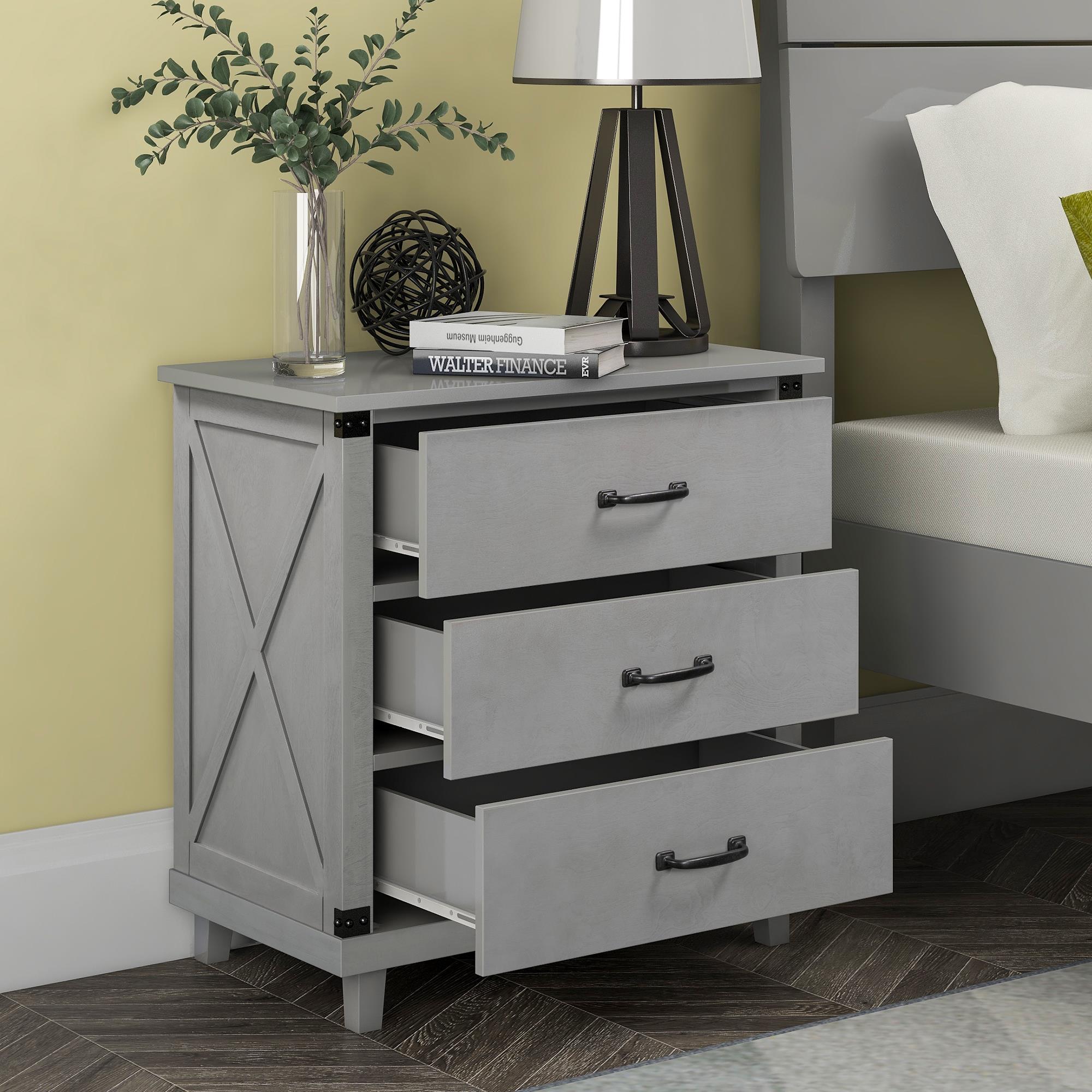 UBesGoo Modern Bedroom Nightstand with 3 Drawers Storage , Gray