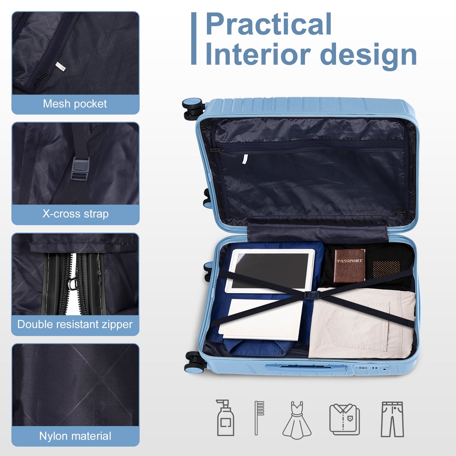 Zimtown 3 Piece Carry-on Luggage Sets, PP Hardside Suitcase Set with Spinner Wheels, Portable Travel Bag and Toiletry Bag, Blue