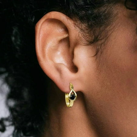 4mm Round Simulated Black Diamond Infinity Solitaire Women's Hoop Earrings, Yellow Gold Plated