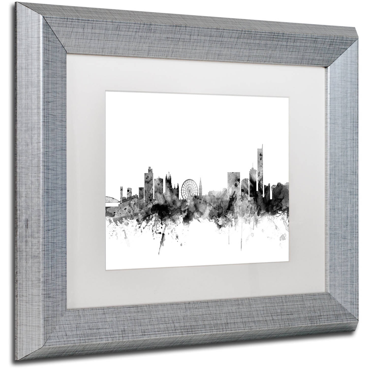 Trademark Fine Art "Manchester England Skyline B&W" Canvas Art by Michael Tompsett, White Matte, Silver Frame