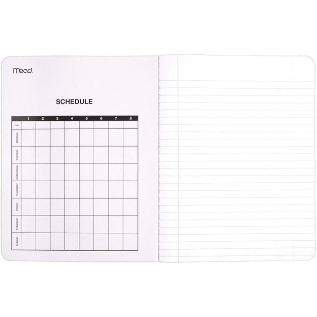 libro de composición de hidromiel, libro de composición de regla ancha, cuaderno de diario abierto con página izquierda impresa con horario en cuadrícula y logotipo Mead y página derecha con papel forrado de líneas anchas; medidas 9 3/4" x 7 1/2", cubierta de mármol negro, útil para estudiantes y útiles escolares, paquete de 12.