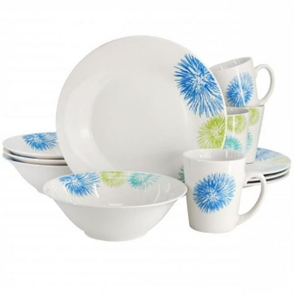 Gibson Home 142757.12 Blue Meadow Fine Ceramic Dinnerware Set with Colored Accents, White - 12 Piece