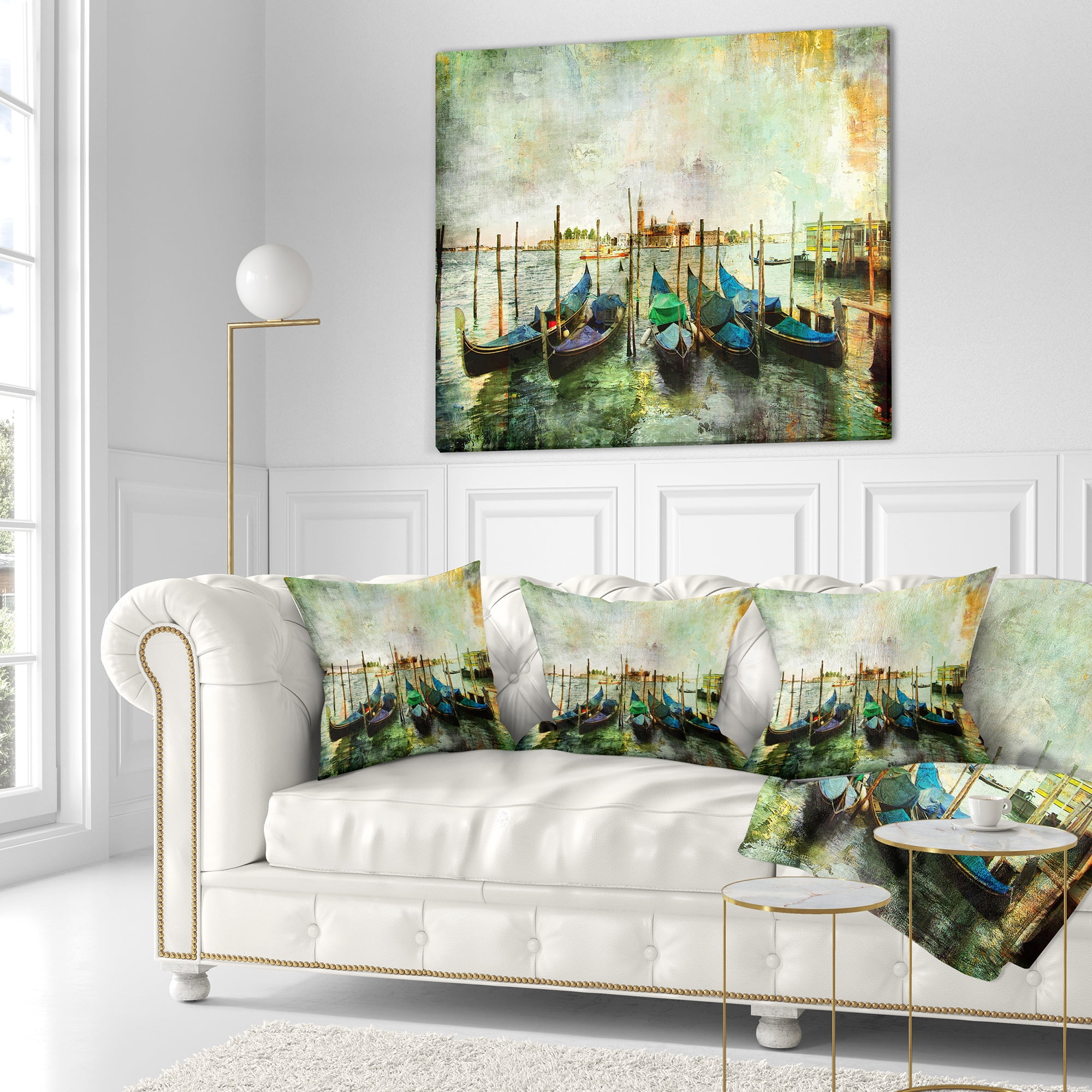 Designart Venetian Gondolas - Landscape Painting Throw Pillow - 18x18