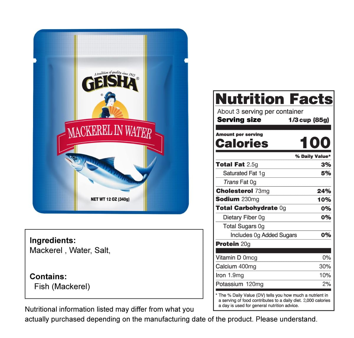 GEISHA Mackerel in Water 12oz (Pack of 24), Mackerel| HALAL & Kosher Certified – Gluten Free – Wild Caught – Good Source of Protein