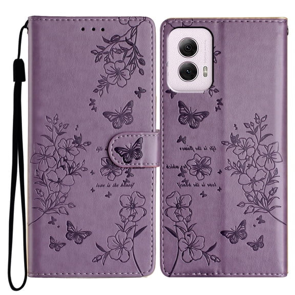 for Motorola Moto G Power 5G 2024 Flip Case with Card Slots,Flower Butterfly Embossed PU Leather Shockproof Cash Pocket Protective Wrist Strap Kickstand Wallet Cover for Moto G Power 5G 2024,Purple