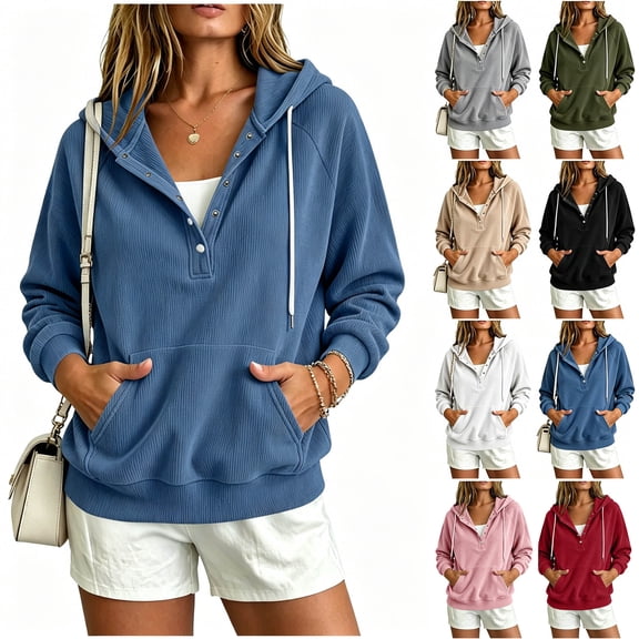 Qiggri Womens Ribbed Corduroy Hoodie,Soft Henley Neck Pullover with Kangaroo Pocket,Casual Sweatshirt for Daily Wear