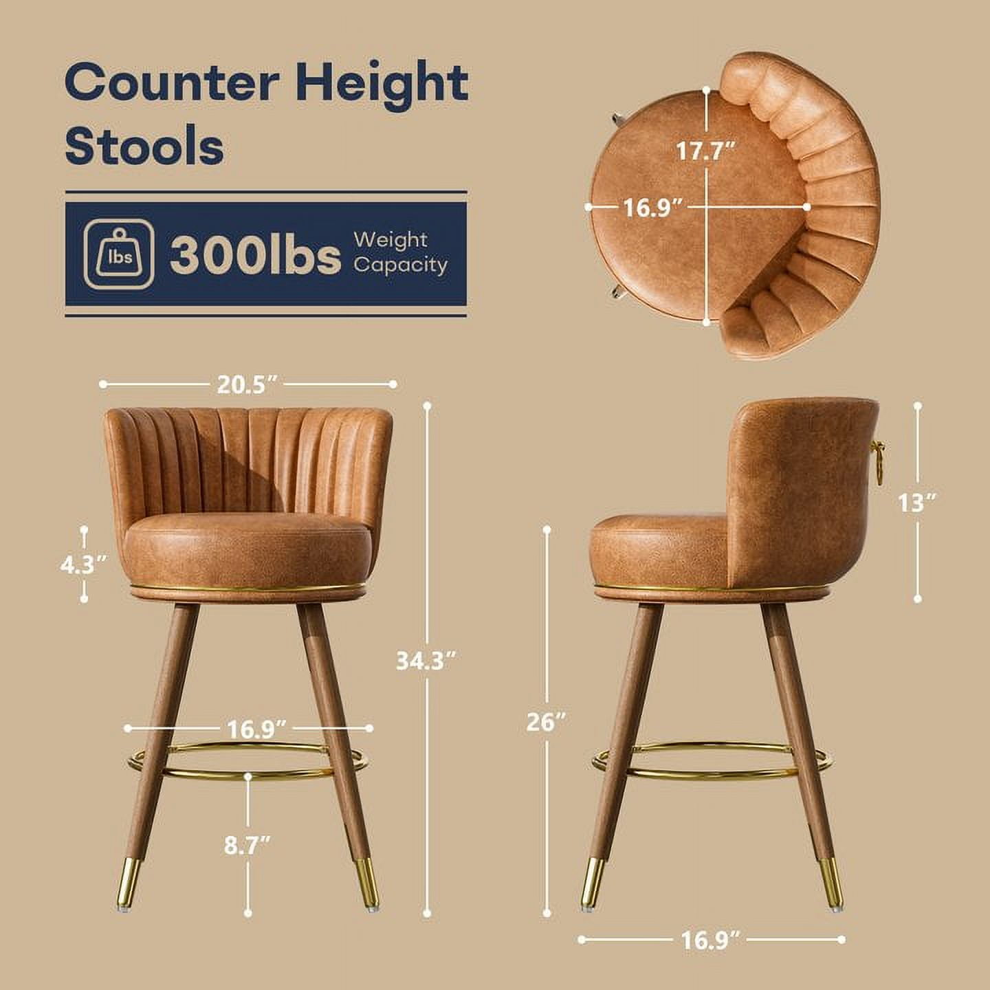 Genpo Counter Height Bar Stools, Round Seat Swivel Bar Stool Set of 4, 26 inch Low Back Leather Bar Chair with wood Leg for Kitchen Island 300lbs, Brown