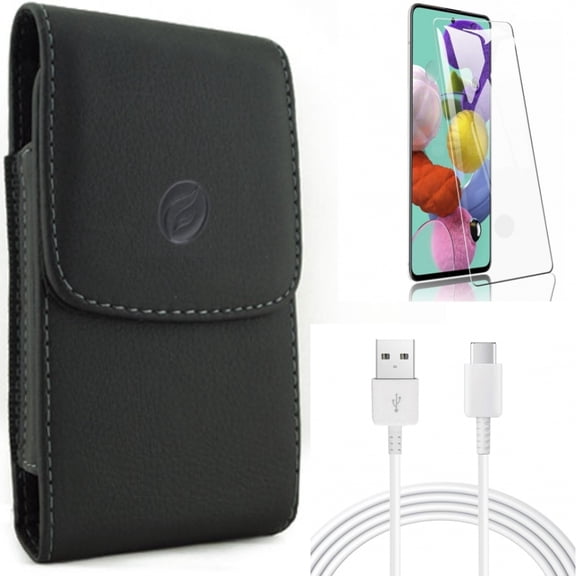 10ft USB-C Cable w Screen Protector w Case Belt Clip for Samsung Galaxy S20 - Type-C Charger Cord, Tempered Glass [Fingerprint Unlock], Leather Holster O4R fits Samsung Galaxy S20 Model
