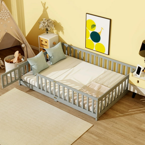 Generic Full Size Floor Bed with Fence and Door,Rubber Wood Floor Bed with Safety Guardrails,Grey