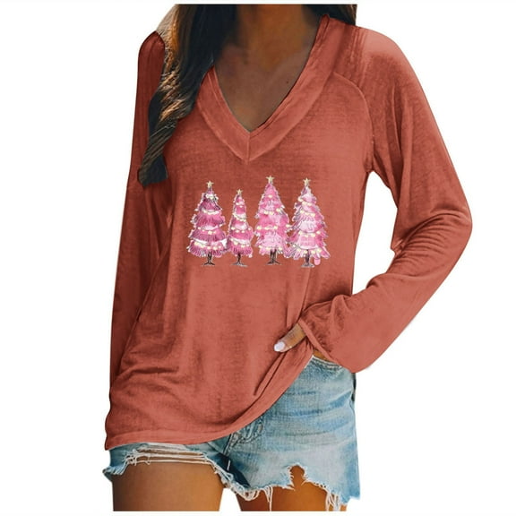 asdoklhq Womens Flannel Shirt Women's Fashion Christmas Printed Loose Long Sleeve Blouse V-Neck Casual Pullover Blouses Orange S