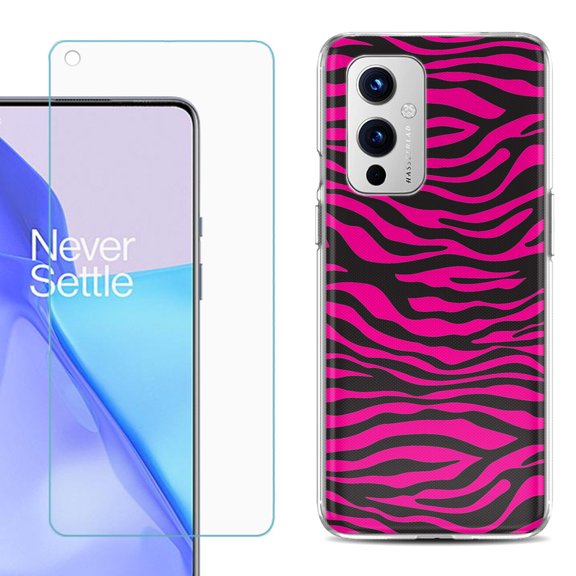 Slim-Fit TPU Phone Case Compatible with OnePlus 9 5G, with Tempered Glass Screen Protector, by OneToughShield ® - Zebra Pink