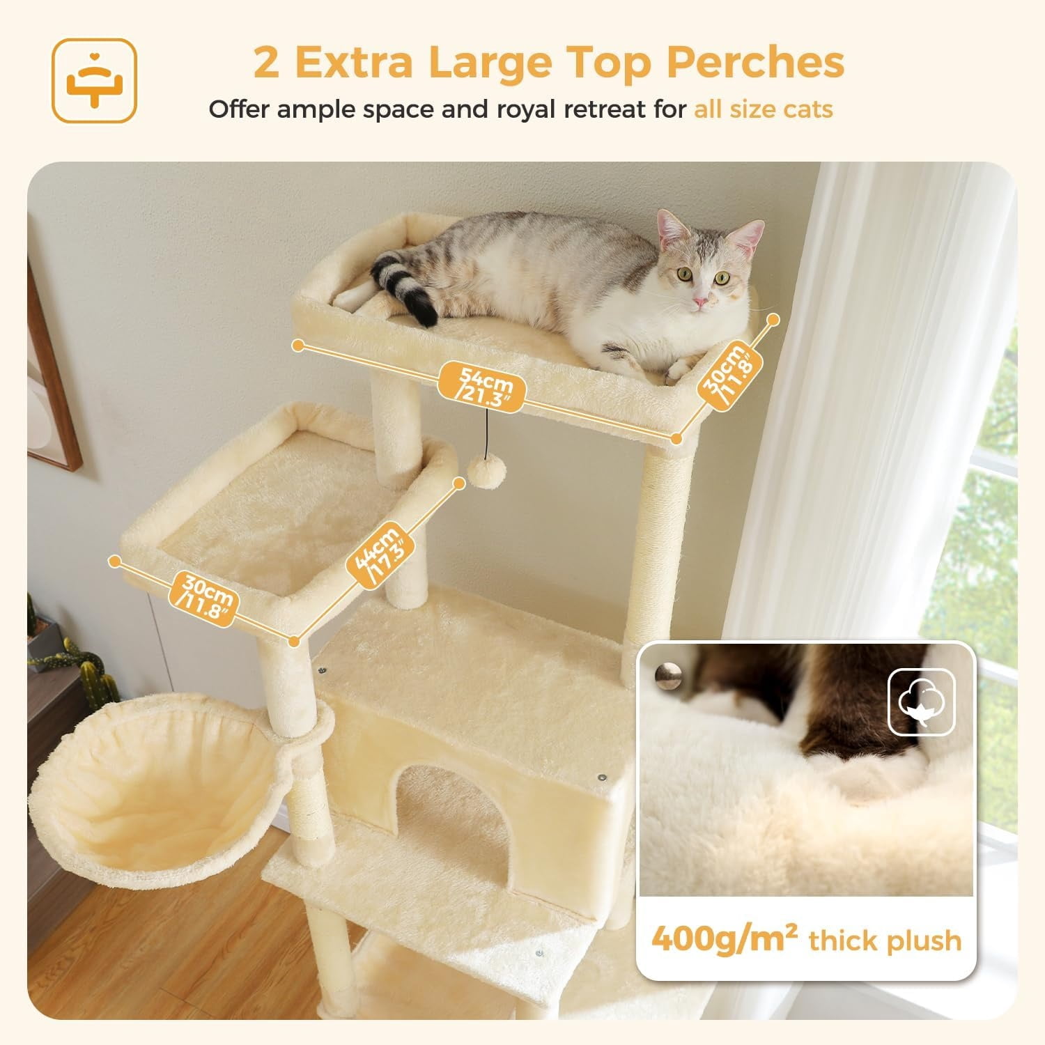 Large Cat Tree, 73 Inches Tall Cat Tower with 1 Large Padded Perch,2 Spacious Hammocks,8 Long Scratching Posts, XL Plush Cat Condo for Indoor Adult Cats,Beige