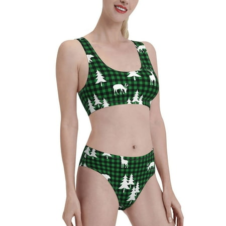 Uemuo Christmas tree green plaid Printed Women s High Waisted Bikini Sets Sporty Two Piece Swimsuits Color Block Cheeky High Cut Bathing Suits-X-Large