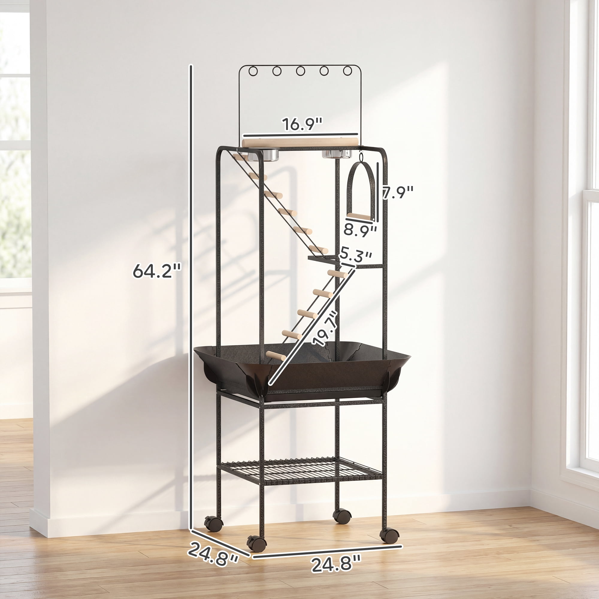 PawHut 64"H Rolling Bird Stand Parrot Playstand with Seed Guard & Wheels, Ladders, Swing, Toy Hook & Bowls, for Cockatiels, Conures, Parakeets