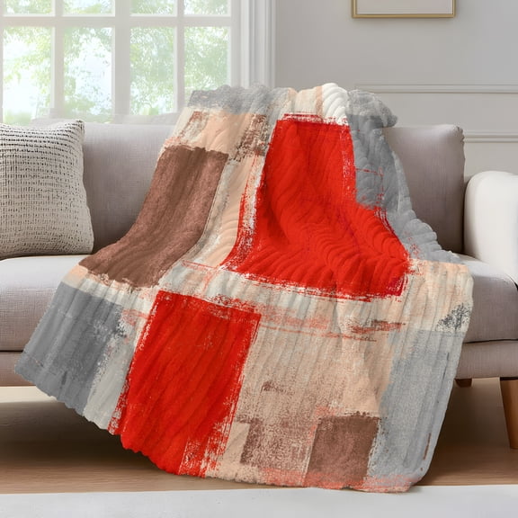 Red Ombre Fleece Throw Blanket for Couch, Farmhouse Contemporary Abstract Checked Microfiber Flannel Blanket for All Season, Lightweight Soft Throw Blankets for Bedroom, Living Room, 60"x80"