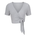 thumbnail image 2 of WREESH Women's Ribbed Knit Crop Top Cross Wrap Ruched Deep V-Neck Slim Fitted Top Solid Color T-Shirt Silver, 2 of 9