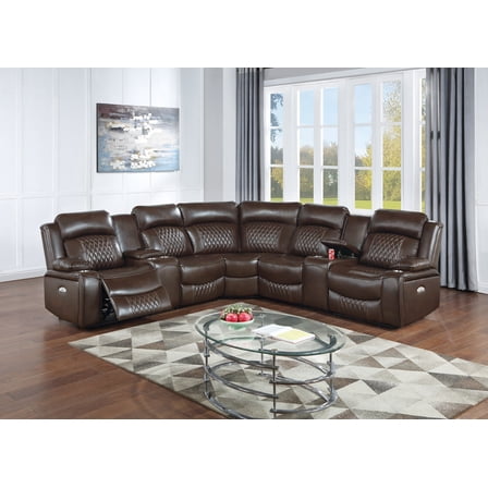 Power Motion Reclining Sectional Set w Console Brown Leatherette Plush Couch Recliner Living Room