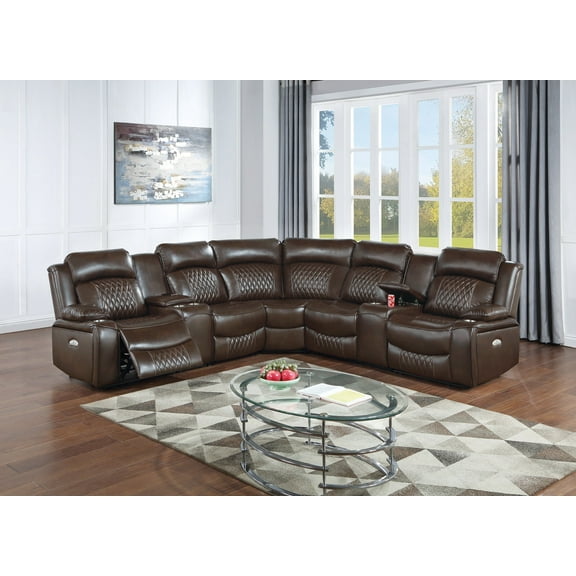 Power Motion Reclining Sectional Set w Console Brown Leatherette Plush Couch Recliner Living Room
