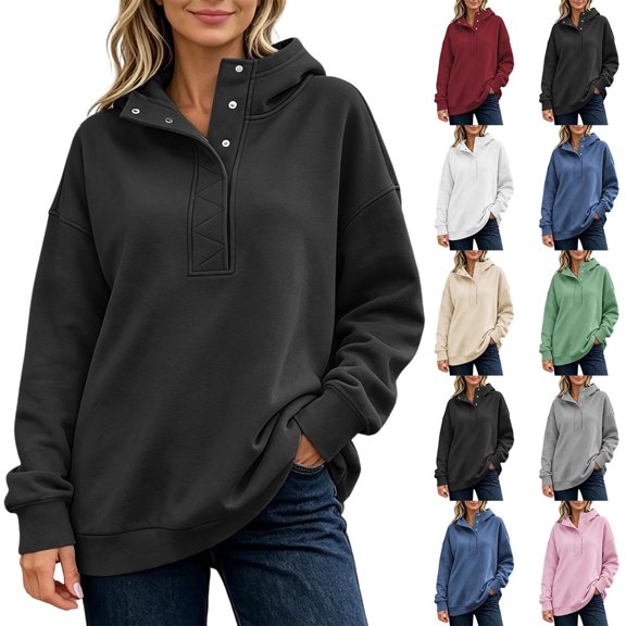 Women Snap Button Quarter Zip Hoodie Sevevn Stand Collar Drop Shoulder Long Sleeve Loose Fit Oversized Solid Casual Pullover Sweatshirt