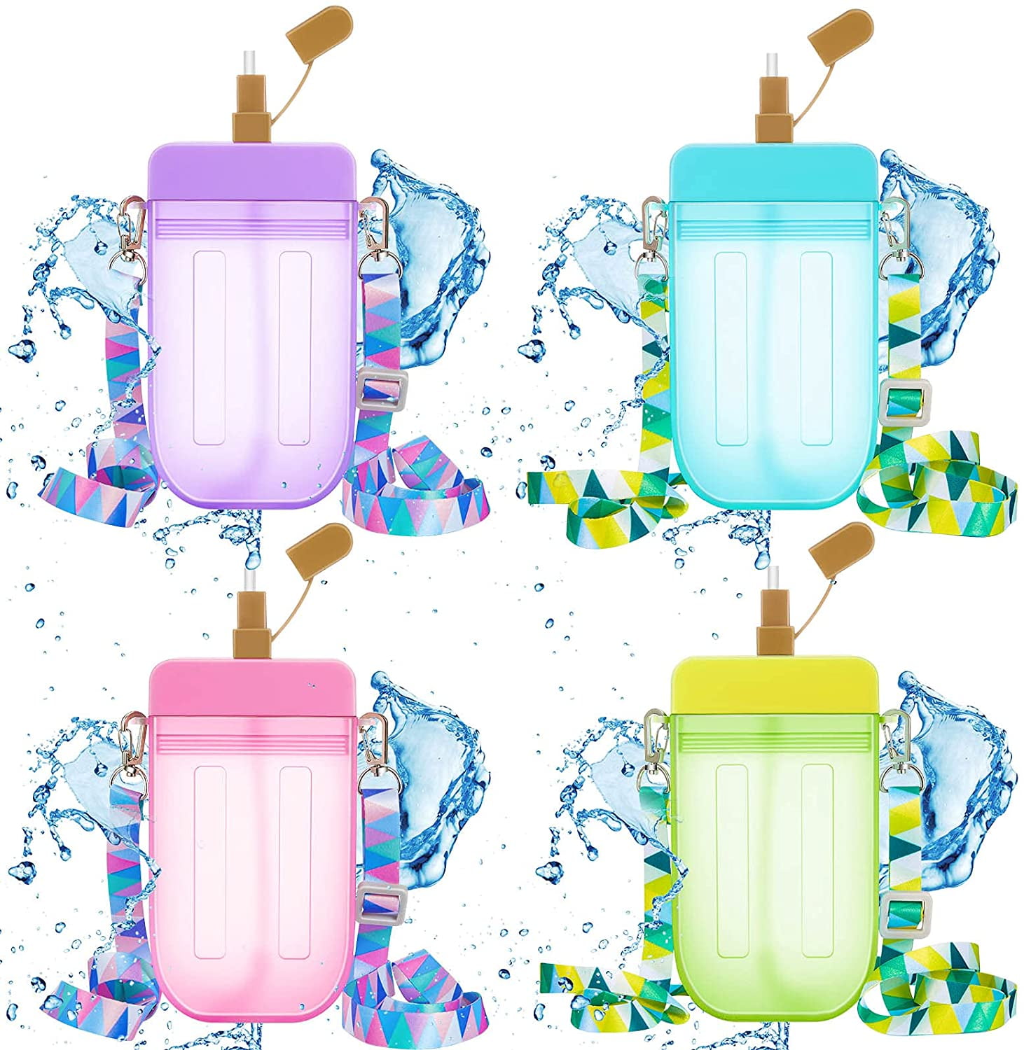 Cute Water Bottles with Straw for School Kids Girls,BPA Free Juice Drinking Cup/Out Door Water Jug Small Items Storage for Adult Children 10.14 Oz Plastic Bottles with Straps, 