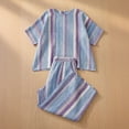 thumbnail image 4 of Uootdi Linen Sets for Women 2 Piece Short Sleeve Oversized Striped Trim Top High Waist Flowy Wide Leg Pants Boho Vacation Matching Outfits, 4 of 5