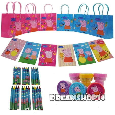 Peppa Pig Goody Bag with Coloring Book, 42 Pieces -6 bag, 6 coloring book & 6 stampers