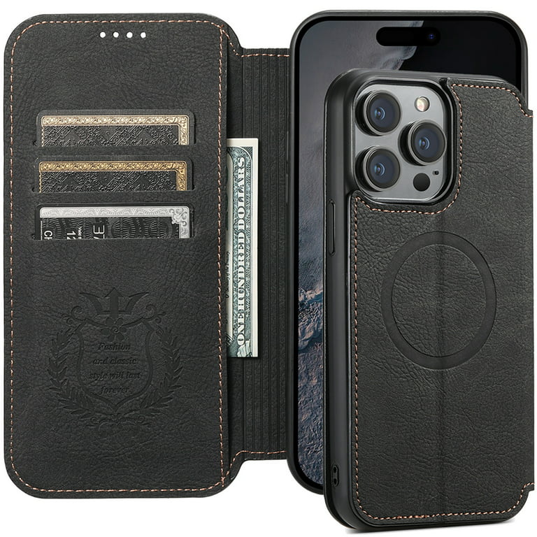iPhone 14 Primo Leather Case in Black and Folio Wallet - MagSafe Compatible  - Encased