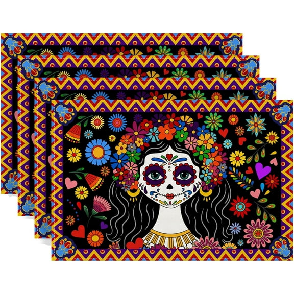 Day of The Dead Placemats Set of 4 Dia De Los Muertos Table Mats Mexican Altar De Muertos Sugar Skull Decorations and Supplies for Home Table-12×18''