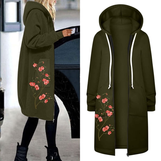 Sudaderas con capucha con cremallera y bolsillos florales informales para mujer, sudadera tipo túnica, chaqueta con capucha larga, sudaderas con capucha largas, abrigos Fridja po765