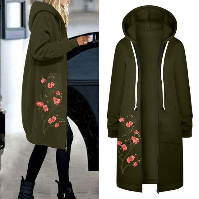Sudaderas con capucha con cremallera y bolsillos florales informales para mujer, sudadera tipo túnica, chaqueta con capucha larga, sudaderas con capucha largas, abrigos Fridja po769