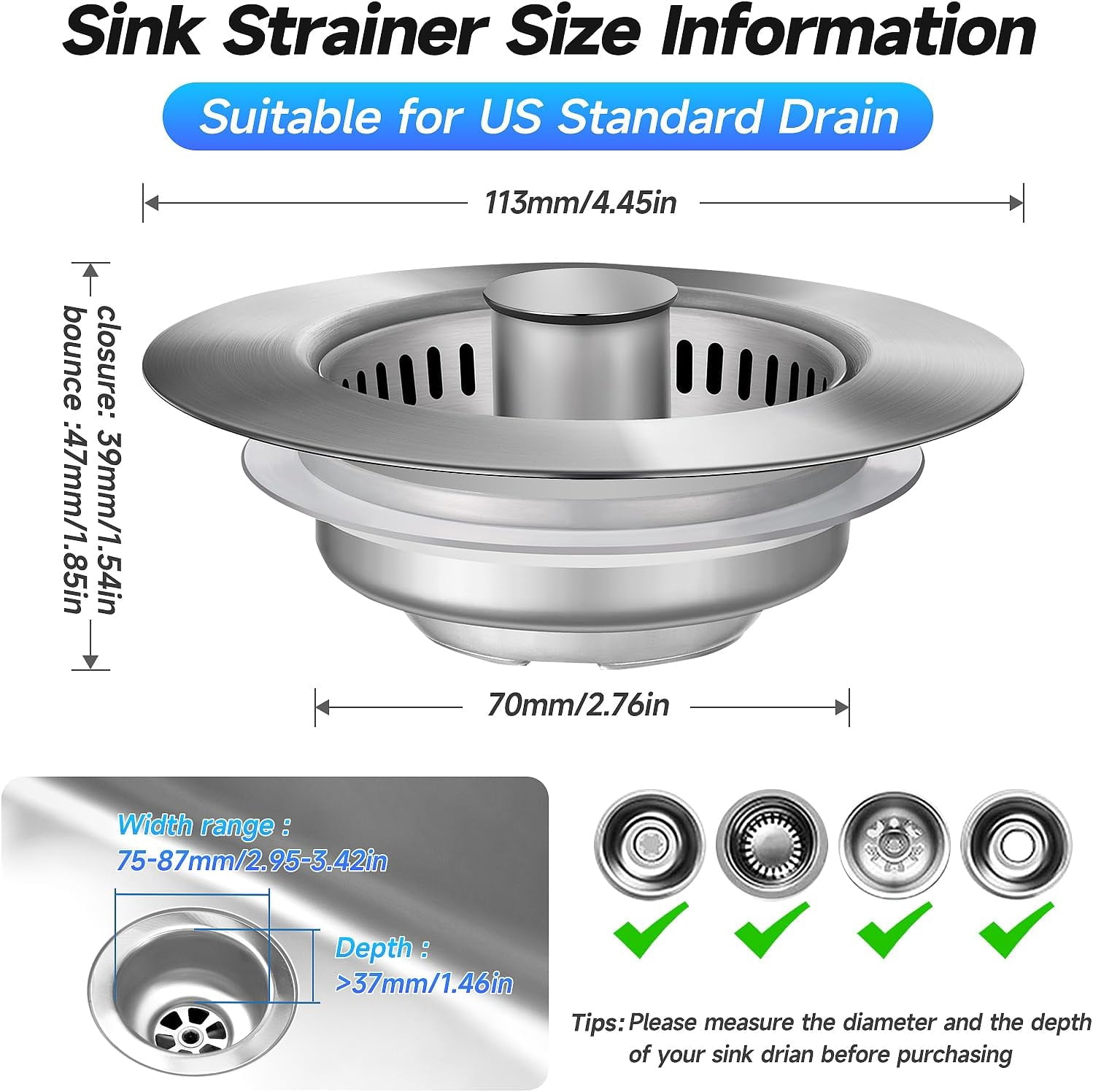 Xlhshop 3-in-1 Kitchen Sink Drain Strainer & Stopper Combo, Stainless Steel with Anti-Clogging Basket, Fits 3-1/2 Inch Drains