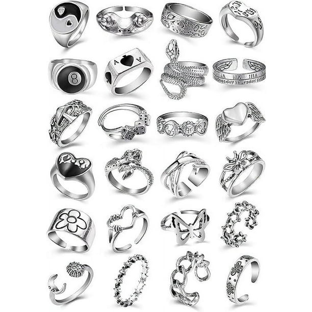 Anillos punk abiertos de plata vintage para hombres mujeres, anillos ajustables 24PCS, anillos alt, anillos de plata gruesos, anillos voluminosos, anillos hippies