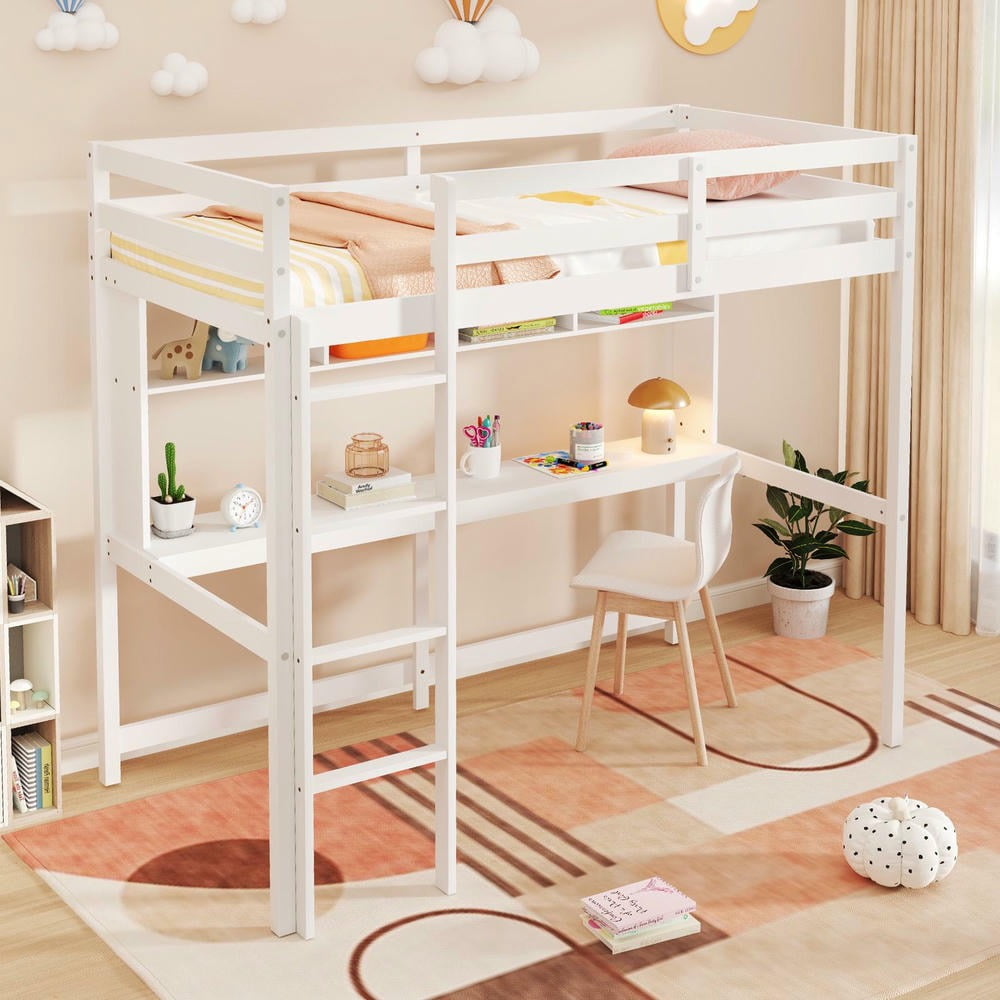 Barara King Twin Size Bedroom Bed Frame with Desk and Shelves, Bed Platform Frame for Home Dorm, Apartment, No Box Spring Needed, White